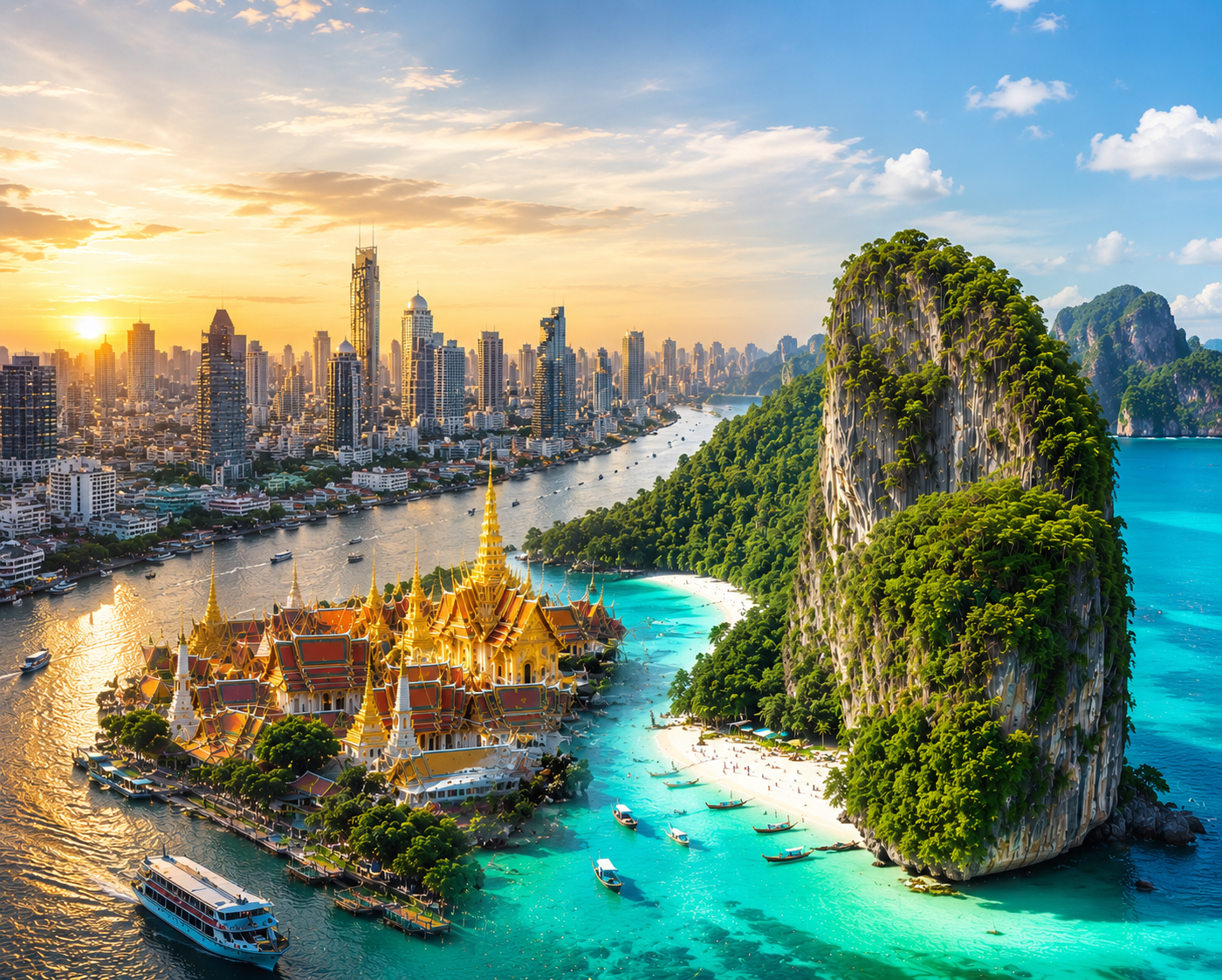 Illustrative Thailand travel montage of Bangkok temples, skyline, and tropical islands